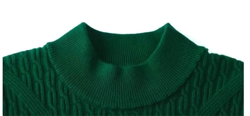 Midi jumper dress — Dark green textured half high neck close up, showing ribbed neckline detail — view 32 — view 35