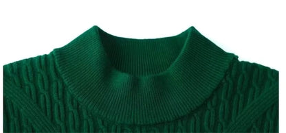 Midi jumper dress — Dark green textured half high neck close up, showing ribbed neckline detail — view 32 — view 35