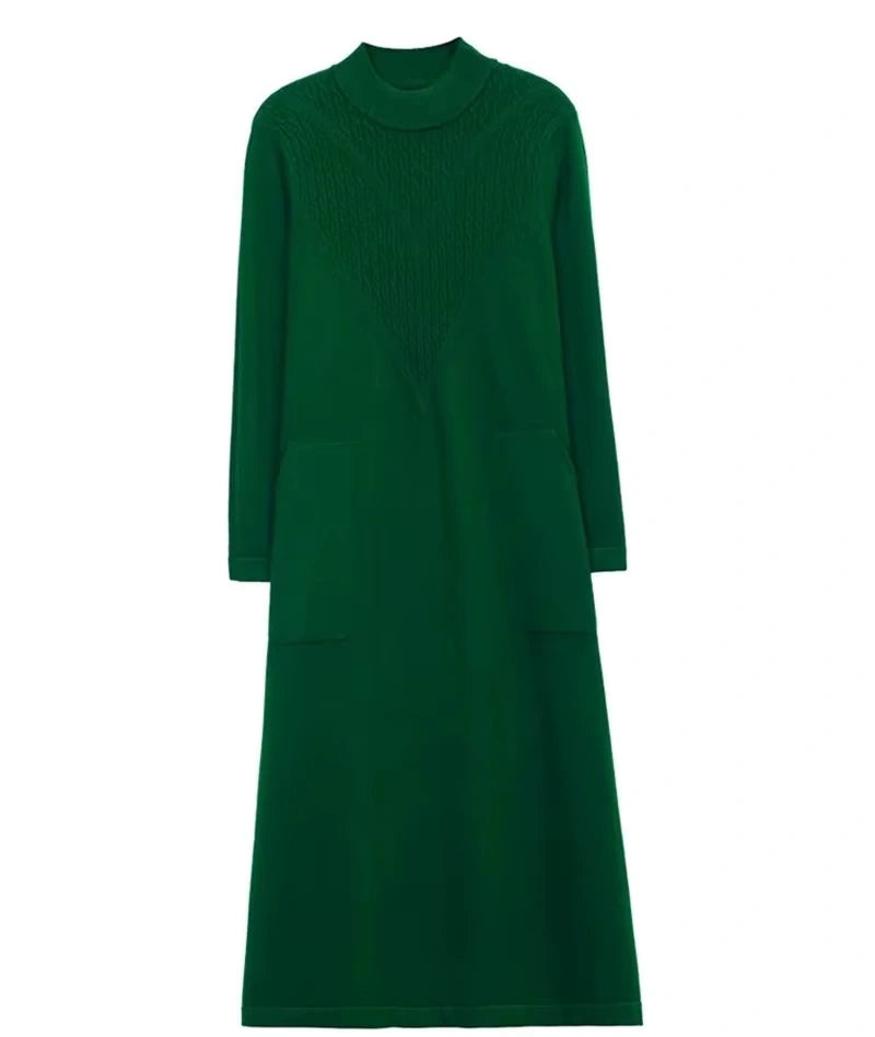 Green loose fit A line half high neck midi jumper dress with textured front detail — view 35 — view 38