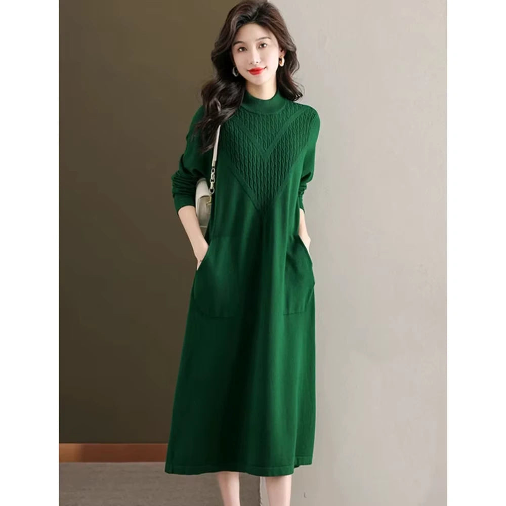 Green women's loose fit A line midi jumper dress with half high neck and pockets — view 4