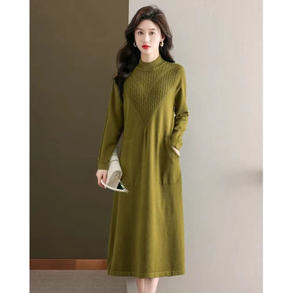 Olive green loose fit A line midi jumper dress with half high neck and pockets — view 2 — view 5