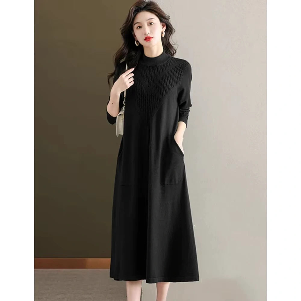Black loose fit A line midi jumper dress with half high neck and pockets — view 3 — view 6