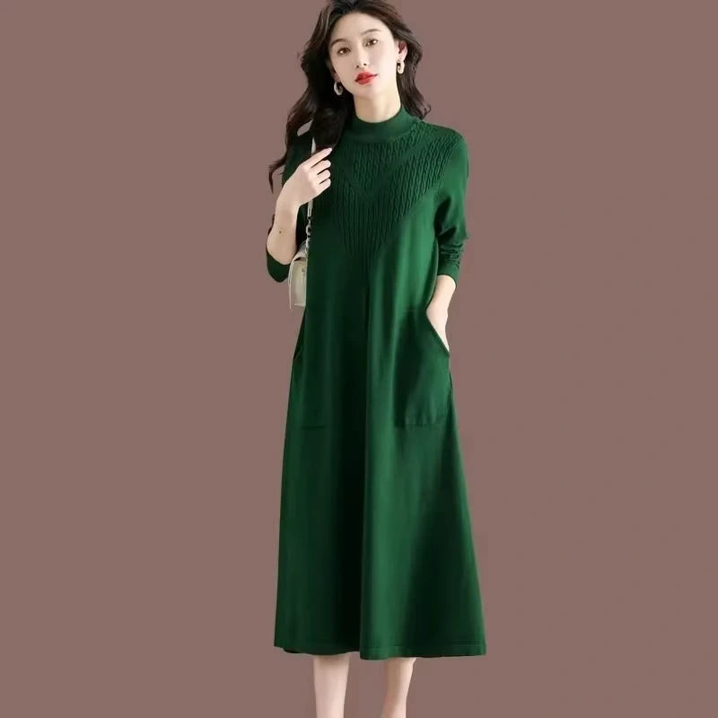 Green loose fit A line midi jumper dress with half high neck and long sleeves — view 4 — view 7
