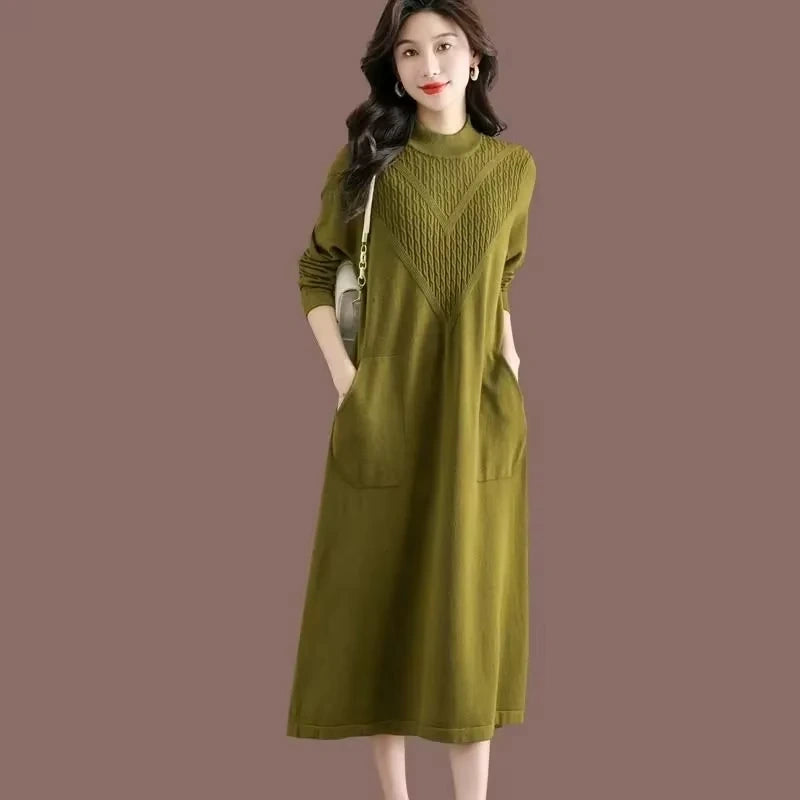 Olive green women's loose fit A line midi jumper dress with half high neck and pockets — view 5 — view 8