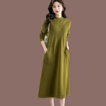 Olive green women's loose fit A line midi jumper dress with half high neck and pockets — view 5 — view 8