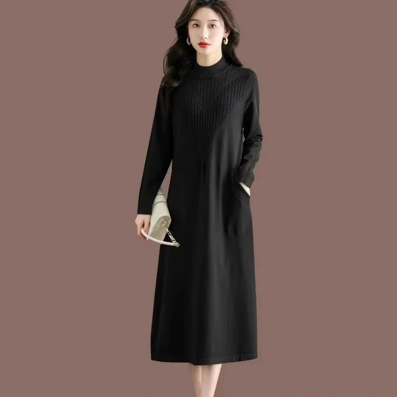 Women's loose fit A line midi jumper dress with half high neck, long sleeves, and side pockets — view 6 — view 9