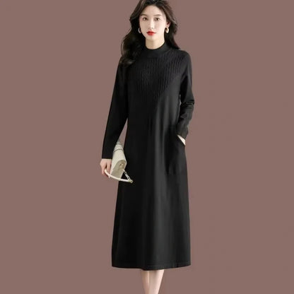 Women's loose fit A line midi jumper dress with half high neck, long sleeves, and side pockets — view 6 — view 9