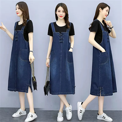 Women's loose fit denim knee length midi jumper dress with pockets, shown — view 12 — view 13