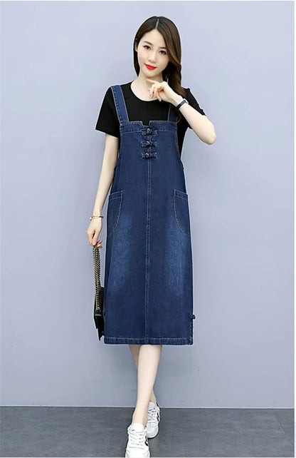 Women's loose fit denim midi jumper dress with knee length hem and front pockets — view 13 — view 14
