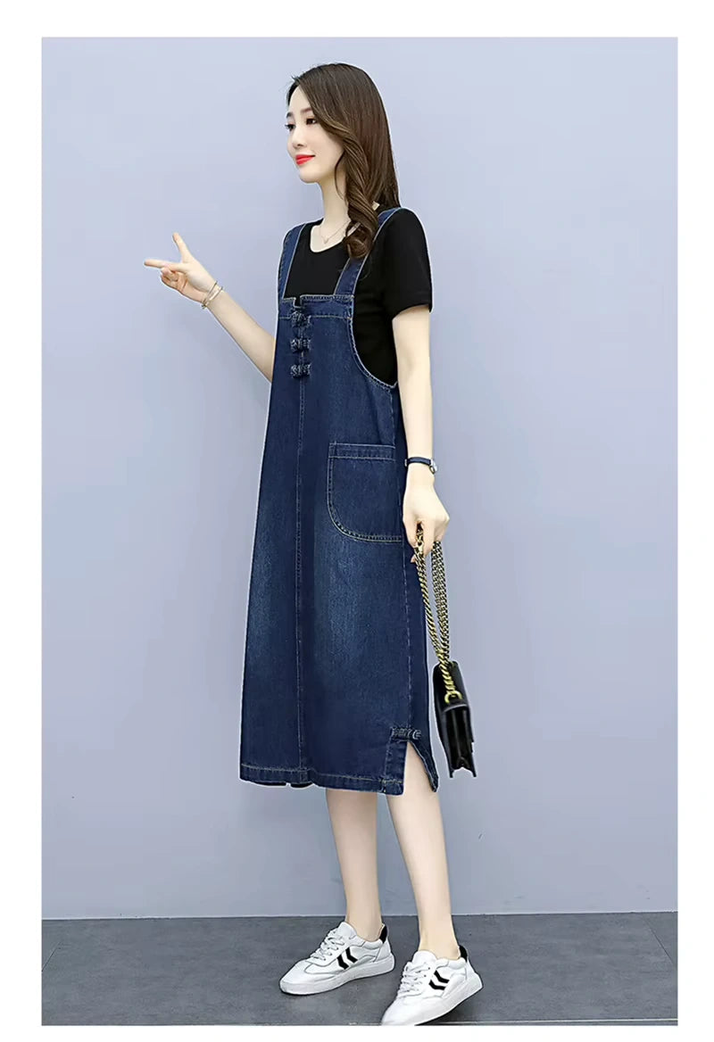 Women's loose fit denim knee length midi jumper dress with front pockets, side view — 15 — view 16