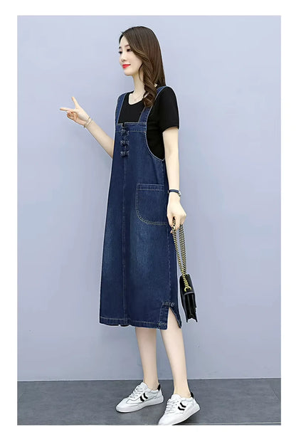Women's loose fit denim knee length midi jumper dress with front pockets, side view — 15 — view 16