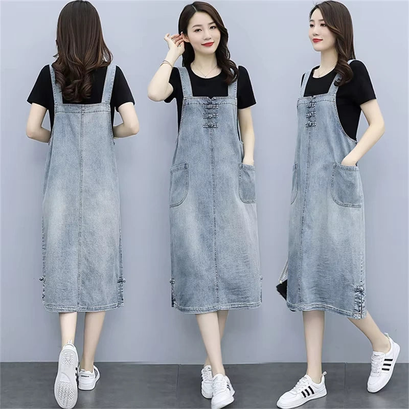 Women's loose fit denim knee length midi jumper dress, featuring large pockets and adjustable straps — view 17 — view 18