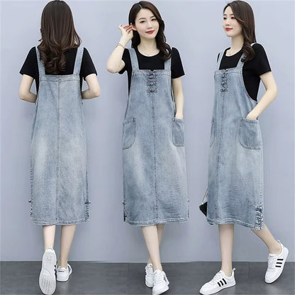 Women's loose fit denim knee length midi jumper dress, featuring large pockets and adjustable straps — view 17 — view 18