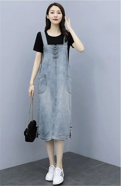 Women's loose fit denim knee length midi jumper dress with front pockets, view — 18 — view 19