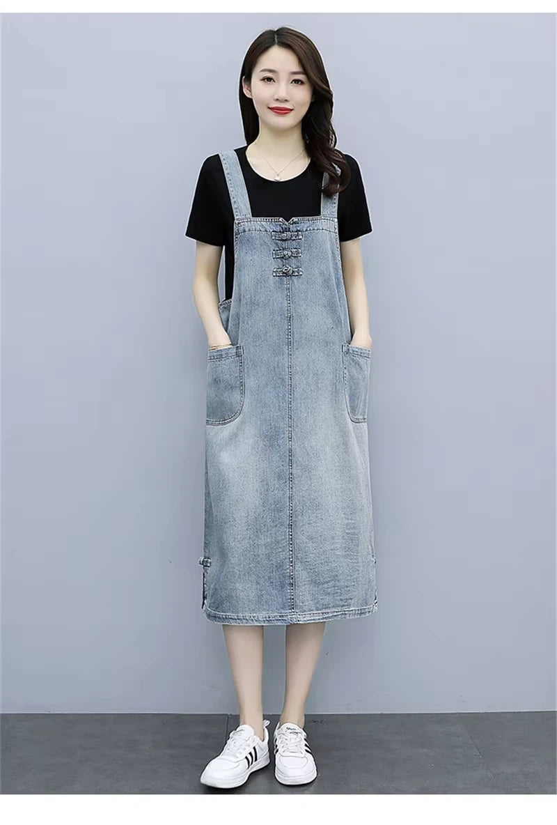 Women's loose fit denim knee length midi jumper dress with pockets, front view — 19 — view 20