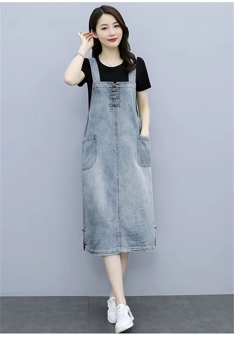 Women's loose fit denim knee length midi jumper dress with pockets and button details, front view — 20 — view 21