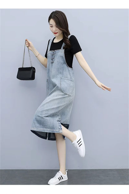 Women's loose fit denim knee length midi jumper dress with front pockets, paired a black top — view 21 — view 22