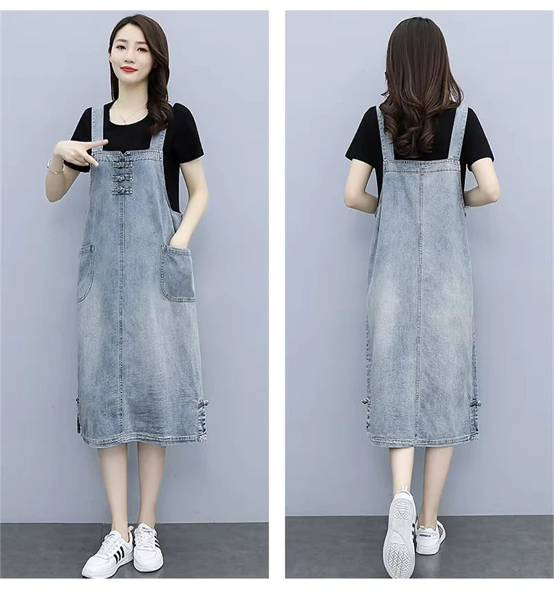 Women's loose fit denim knee length midi jumper dress with pockets, front and back view — 22 — view 23