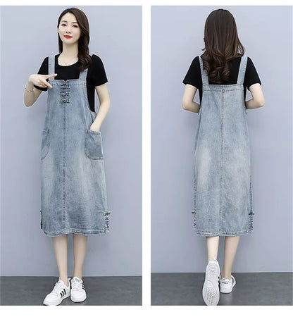Women's loose fit denim knee length midi jumper dress with pockets, front and back view — 22 — view 23