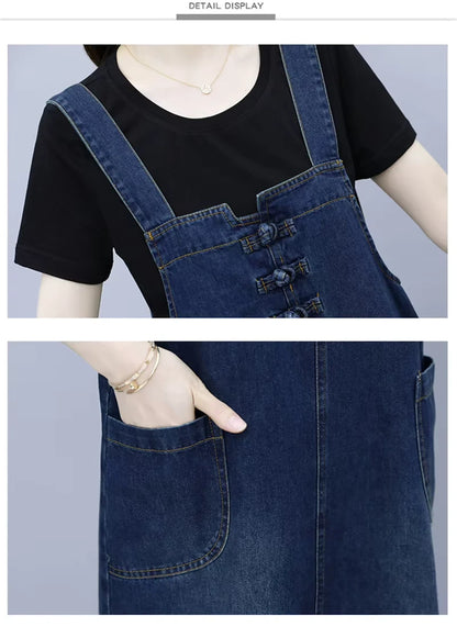 Denim knee length midi jumper dress with button details and side pockets — view 24 — view 25