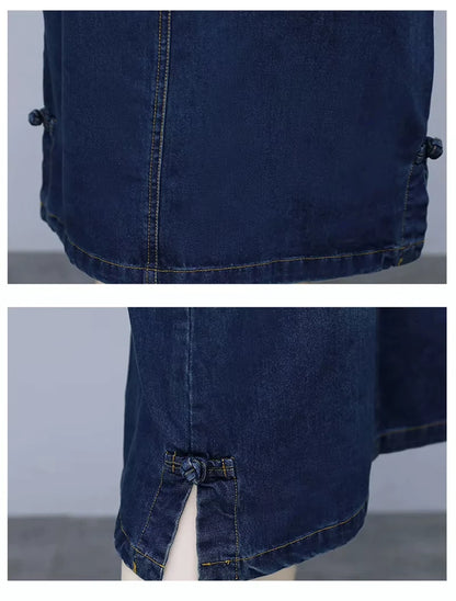 Denim knee length midi jumper dress with adjustable ties at the hem, close up view — 25 — view 26