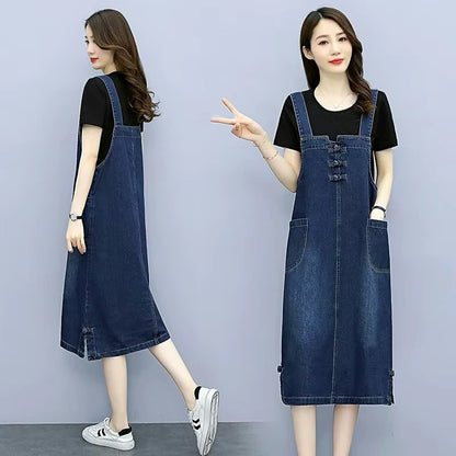 Women's loose fit denim knee length midi jumper dress with pockets, front and back view — 3 — view 4