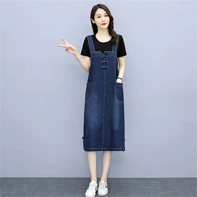 Women's loose fit denim knee length midi jumper dress with pockets, front view — 6 — view 7