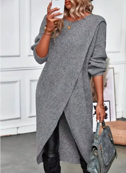 Women's grey loose fit O neck knitted midi jumper dress, styled with black leggings and accessories — view 7 — view 10