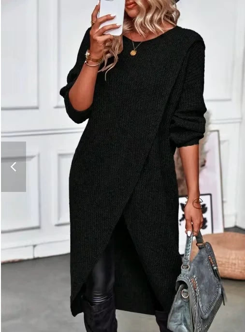 Black loose fit O neck knitted midi jumper dress with long sleeves, casual style — view 8 — view 11