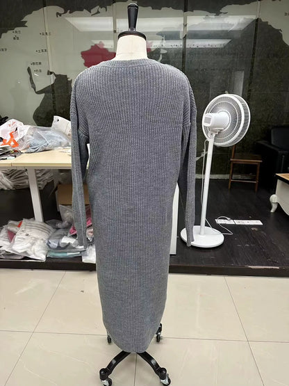 Gray knitted midi jumper dress on mannequin, showcasing a loose fit design with an O neck style — view 11 — view 14