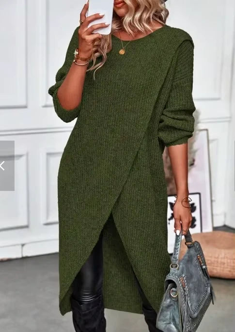 Green knitted midi jumper dress with loose fit and O neck design — view 13 — view 16