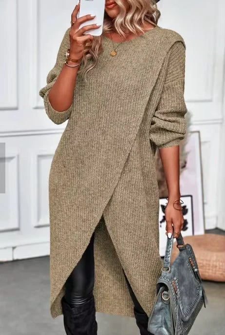 Women's loose fit o neck knitted midi jumper dress in a neutral tone, styled with accessories — view 14 — view 17