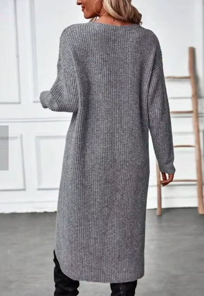 Grey knitted midi jumper dress with loose fit and O neck, back view — 15 — view 18