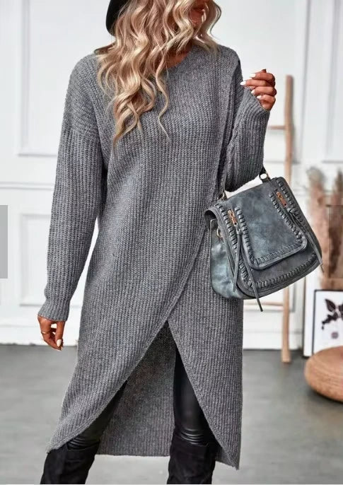 Grey knitted midi jumper dress with loose fit and O neck, paired a stylish handbag — view 16 — view 19