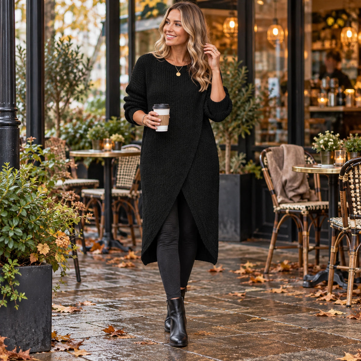 Happy woman wearing the Black loose fit O neck knitted midi jumper dress at a UK autumn cafe — view 2