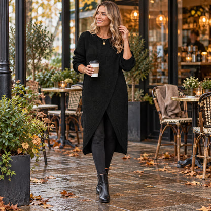Happy woman wearing the Black loose fit O neck knitted midi jumper dress at a UK autumn cafe — view 2
