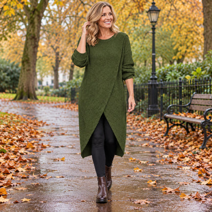 Happy mature woman wearing the Army Green loose fit O neck knitted midi jumper dress in a UK autumn park — view 3