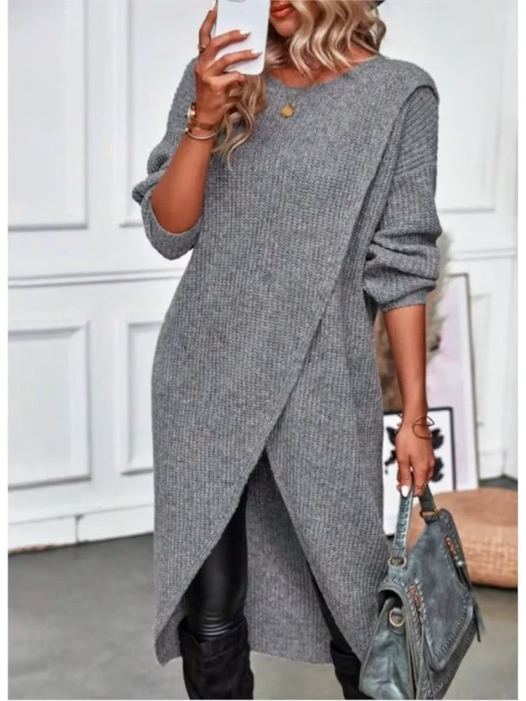 Grey knitted midi jumper dress with loose fit and O neck, styled accessories — view 4