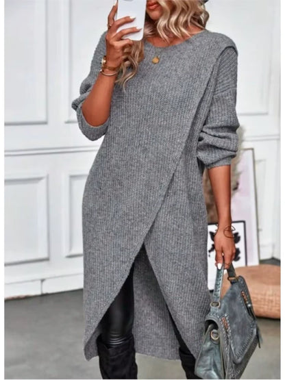 Grey knitted midi jumper dress with loose fit and O neck, styled accessories — view 4