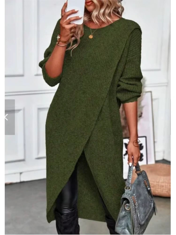 Green loose fit O neck knitted midi jumper dress, featuring long sleeves and layered design — view 3 — view 6