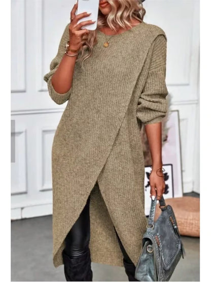 Knitted midi jumper dress with O neck and layered design, worn black leggings — view 4 — view 7