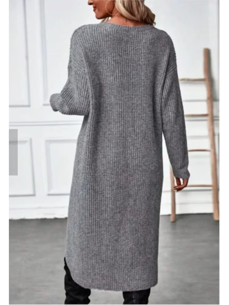 Grey knitted midi jumper dress, back view, with loose fit and O neck design — 5 — view 8