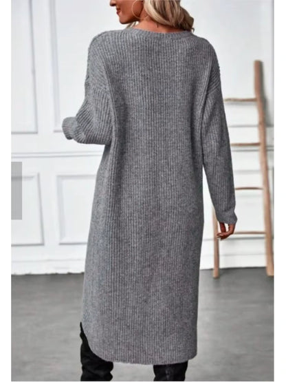 Grey knitted midi jumper dress, back view, with loose fit and O neck design — 5 — view 8