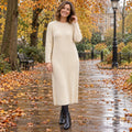 Women's O Neck Cotton Blend Knit Midi Jumper Dress in Beige, worn by a happy model UK autumn setting
