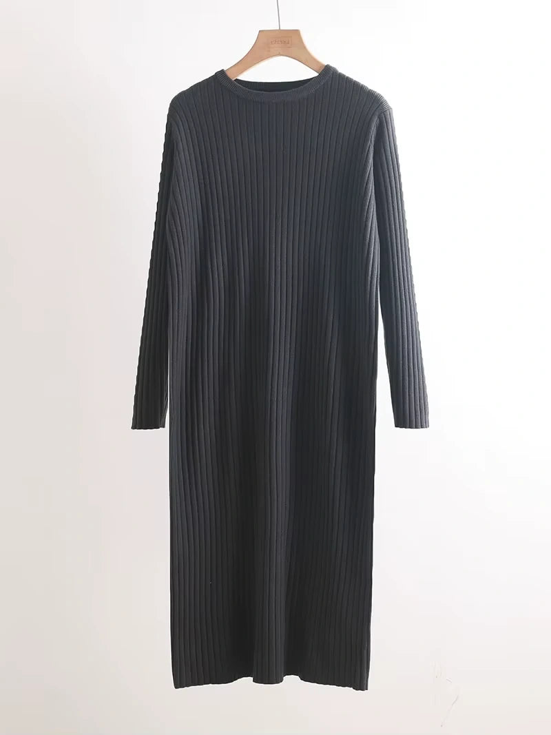 Black cotton blend knit midi jumper dress with long sleeves and ribbed texture, hanging on a hanger — view 7 — view 12