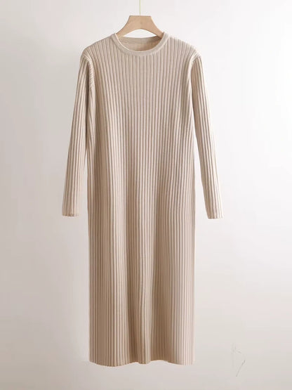 Beige cotton blend knit midi jumper dress with ribbed texture, hanging on a wooden hanger — view 8 — view 13