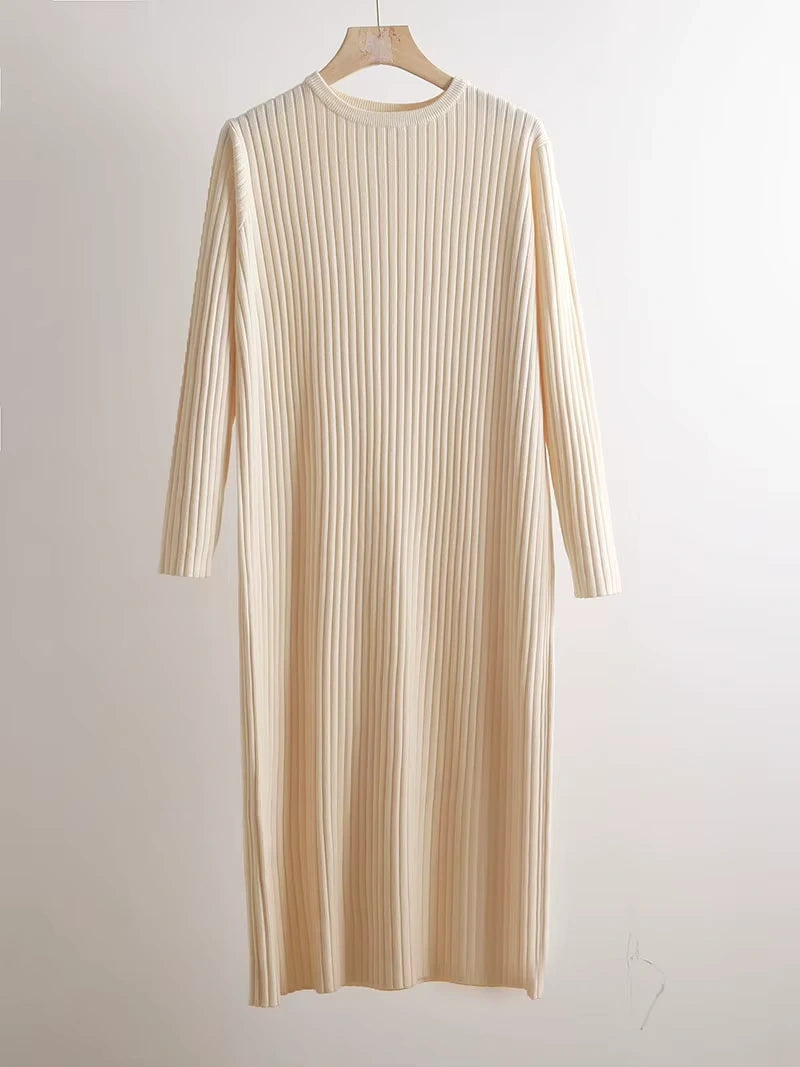 Cream ribbed knit midi jumper dress with long sleeves and O neck, hanging on a hanger — view 9 — view 14