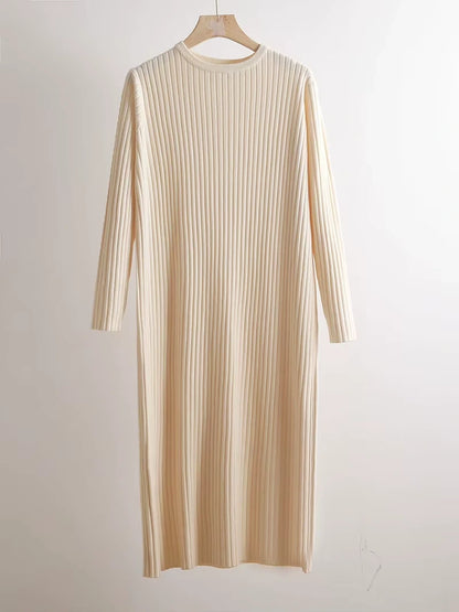 Cream ribbed knit midi jumper dress with long sleeves and O neck, hanging on a hanger — view 9 — view 14