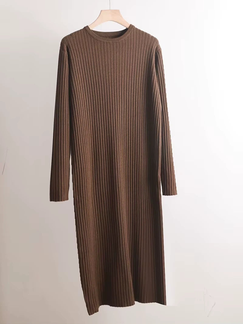 Brown ribbed knit midi jumper dress with long sleeves, displayed on a hanger — view 10 — view 15