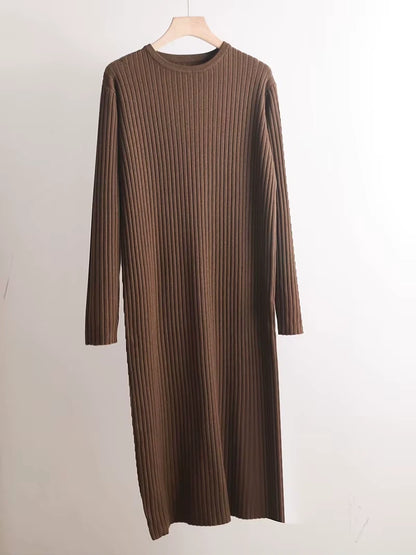 Brown ribbed knit midi jumper dress with long sleeves, displayed on a hanger — view 10 — view 15